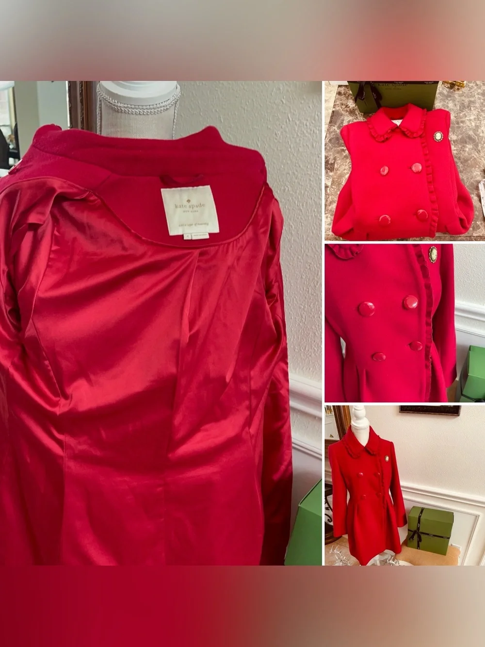 Kate Spade New York RUFFLE TRIM BOW BACK COAT IN CHARM RED